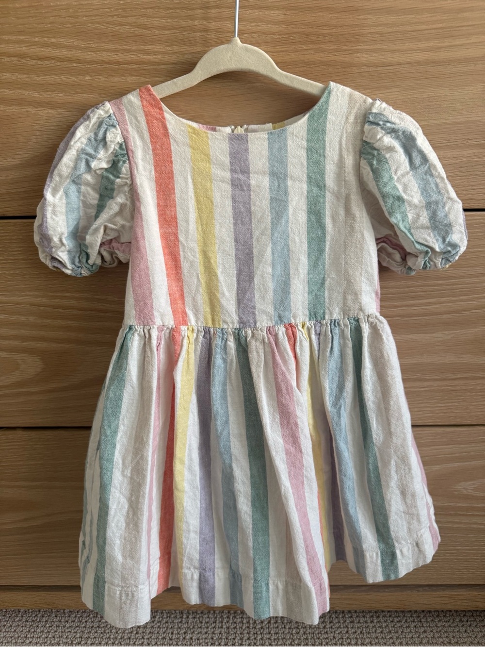Mini Boden Girls' Pastel Rainbow Stripe Puff-Sleeve Dress // Size 2-3